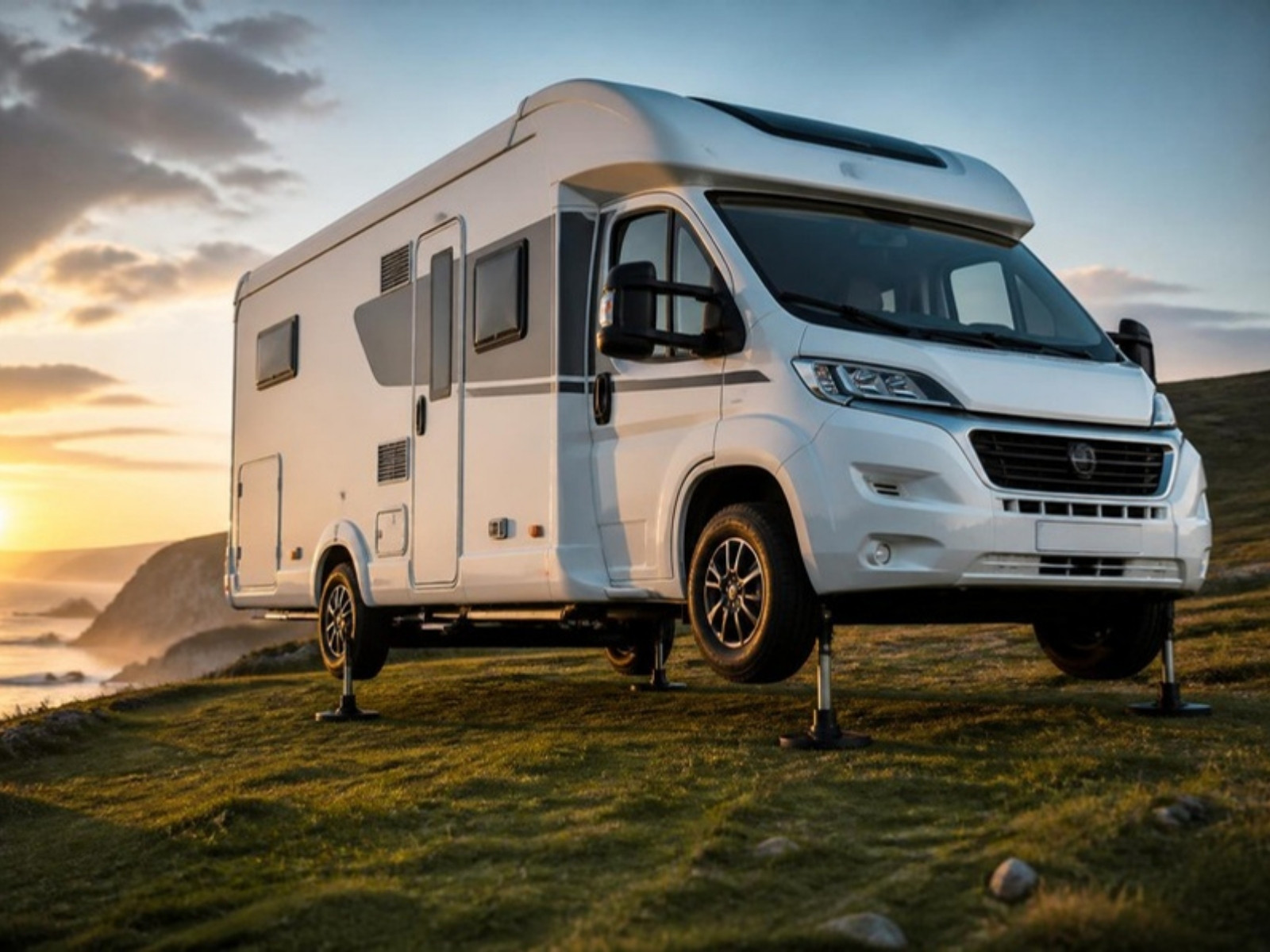 Illustration: motorhome levelled on hydraulic jacks on a clifftop at sunset
